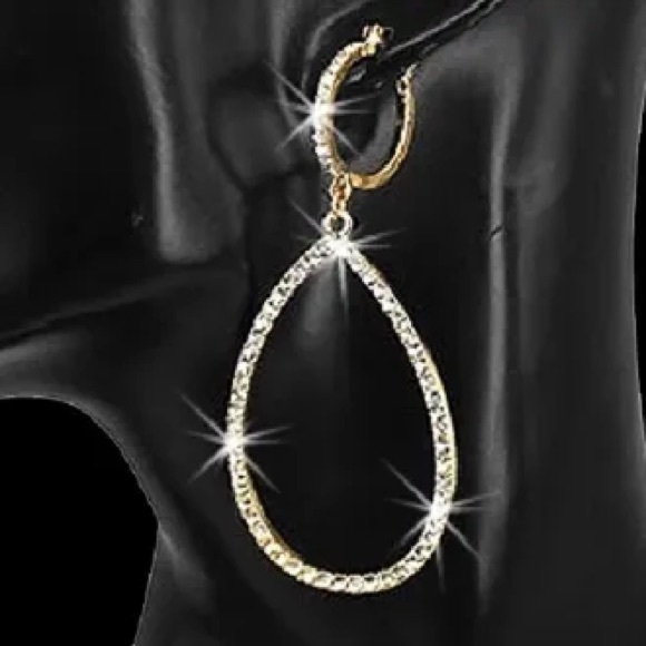 3" Long Pave Crystal Leverback Hoop Dangle Drop Earrings Gold - Picture 2 of 5
